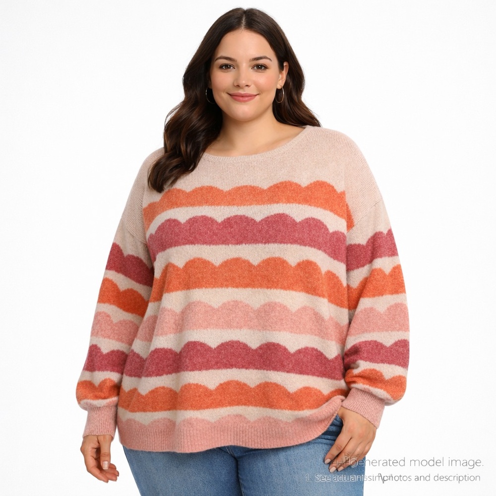 306. Bloomchic Scallop Stripe Knit Sweater Pink Orange 2X